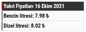 16 Ekim 2021 Yakıt fiyatları