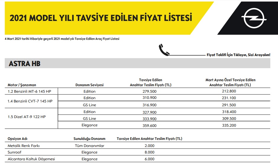 Opel Astra Liste Fiyatı Mart 2021