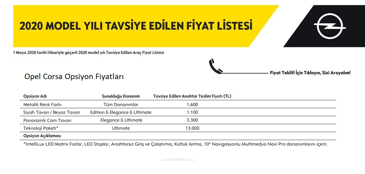 Yeni Corsa opsiyonel fiyatları