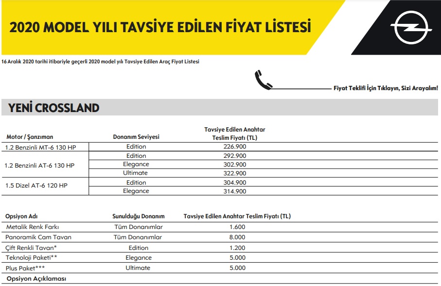 Opel Yeni Crossland fiyatları